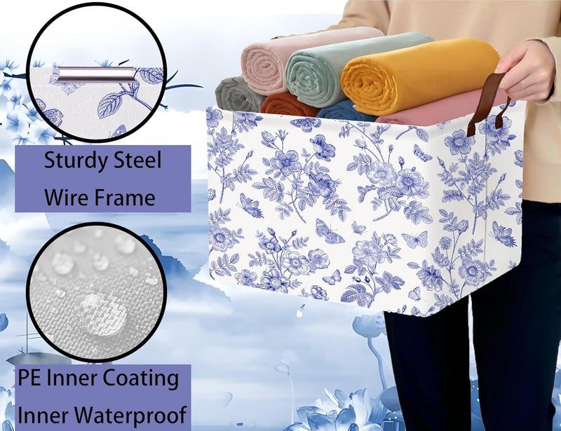 BOOHIT Large Blue Chinoiserie Willow Butterfly Decor Basket Collapsible Storage Bin (Floral) - Image 3